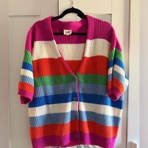 BiBi Fuchsia Pink Multicolor Striped Short-Sleeve Cardigan